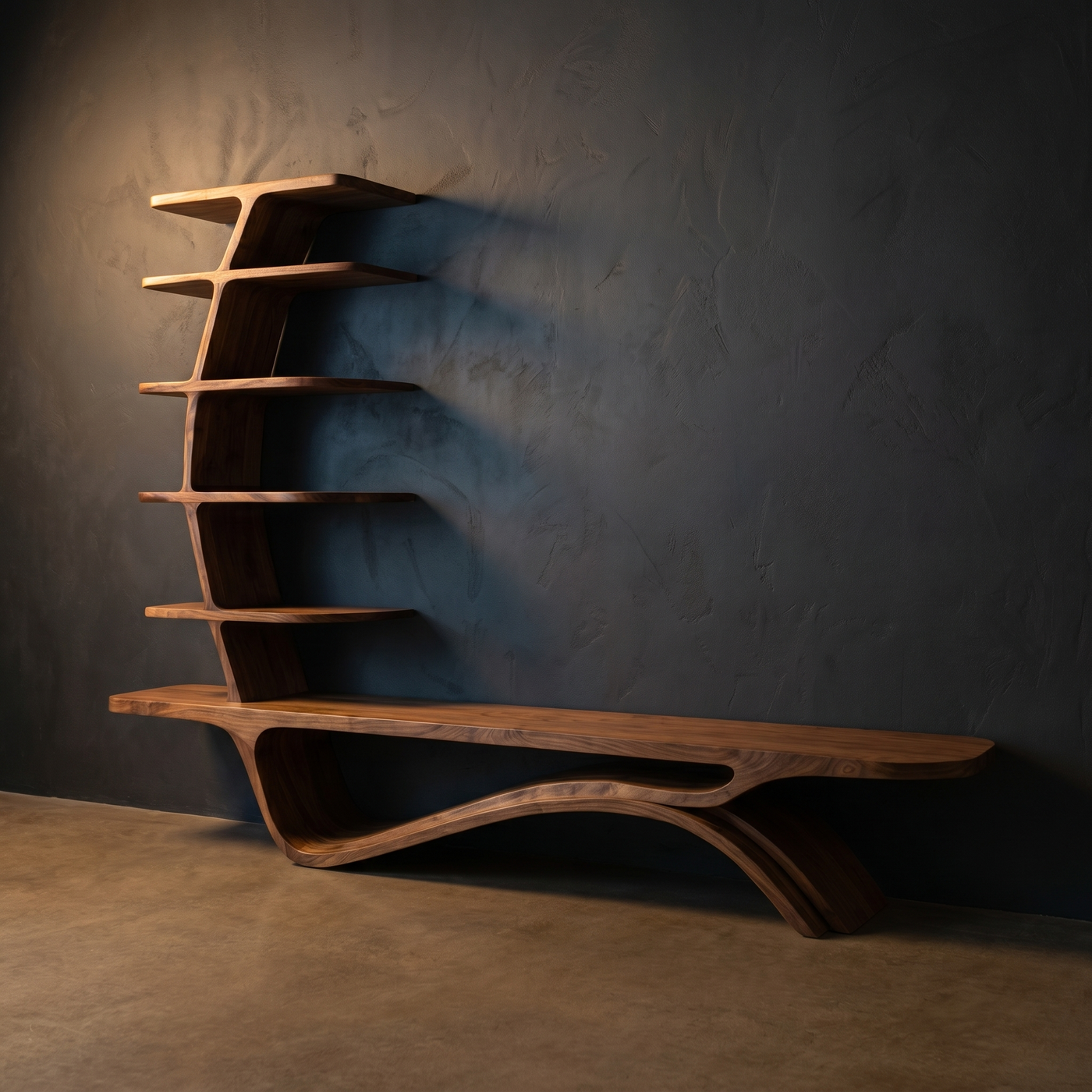 Contemporary Sculptural Storage TV Console with Vertical Shelving
