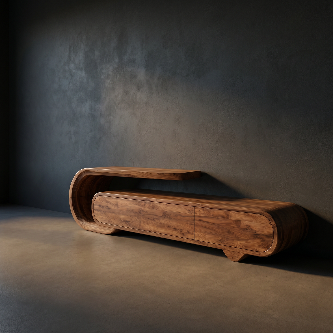 Curved Profile TV Console With Elevated Display Shelf