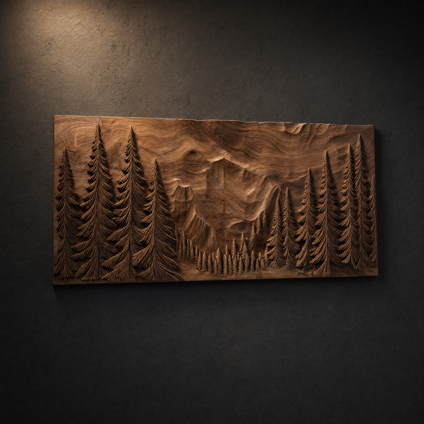Carved Solid Wood Forest Mountain Wall Art - Landscape Relief Panel