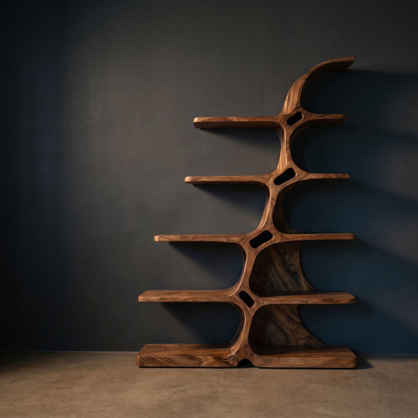 Japandi Carved Bookshelf with Fluid Sculptural Display Tiers