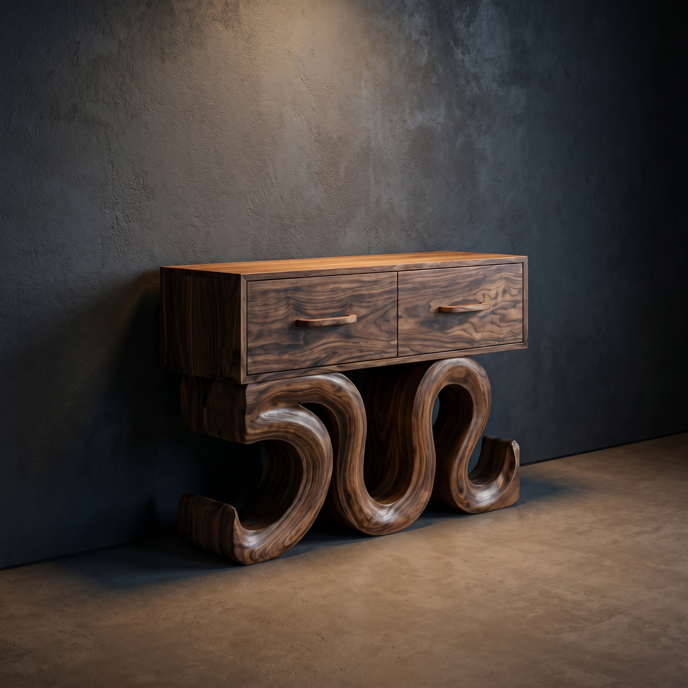 Sculptural Solid Wood Console Table - Rustic Storage with Drawers