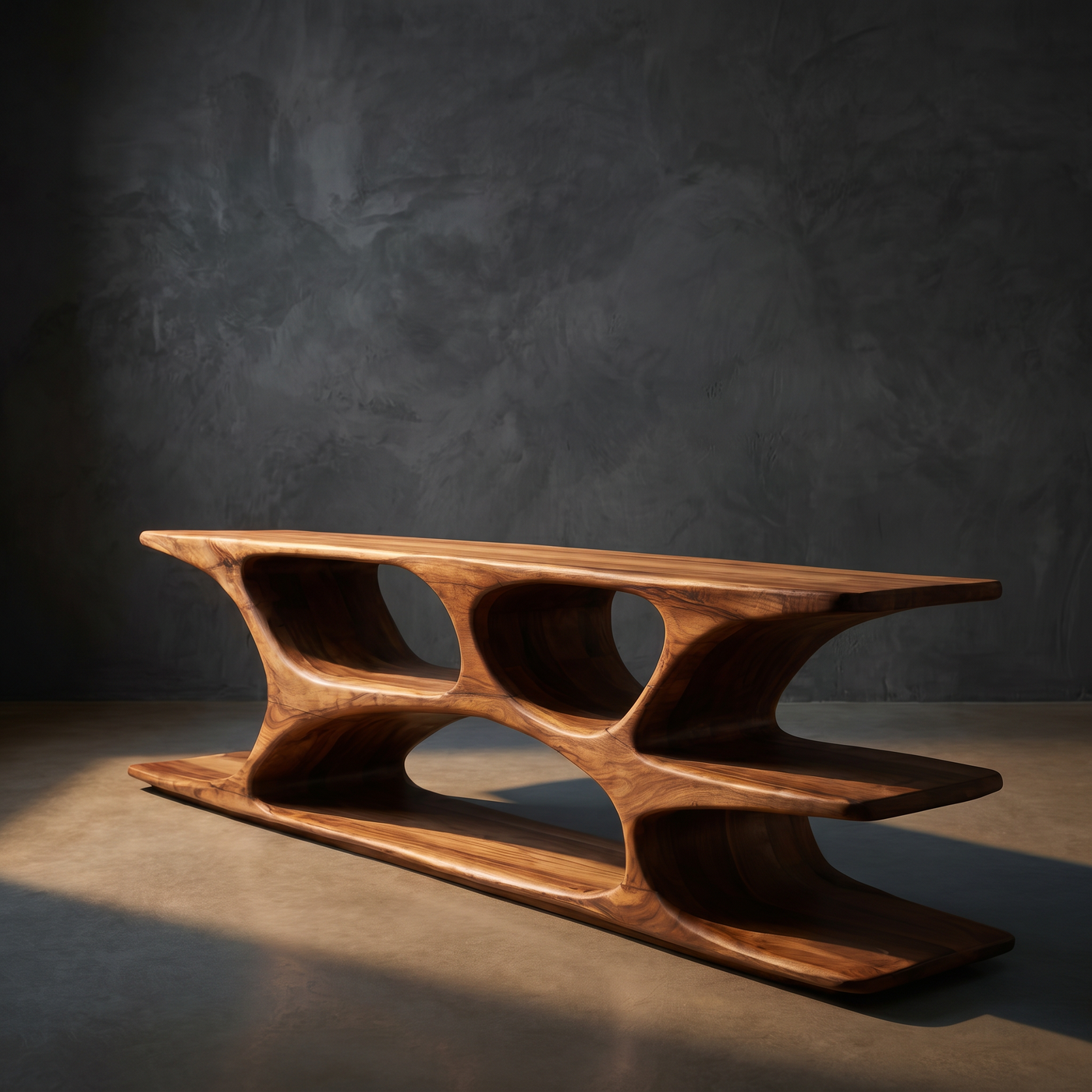 Sculptural Low Bookshelf with Organic Multi-Compartment Display