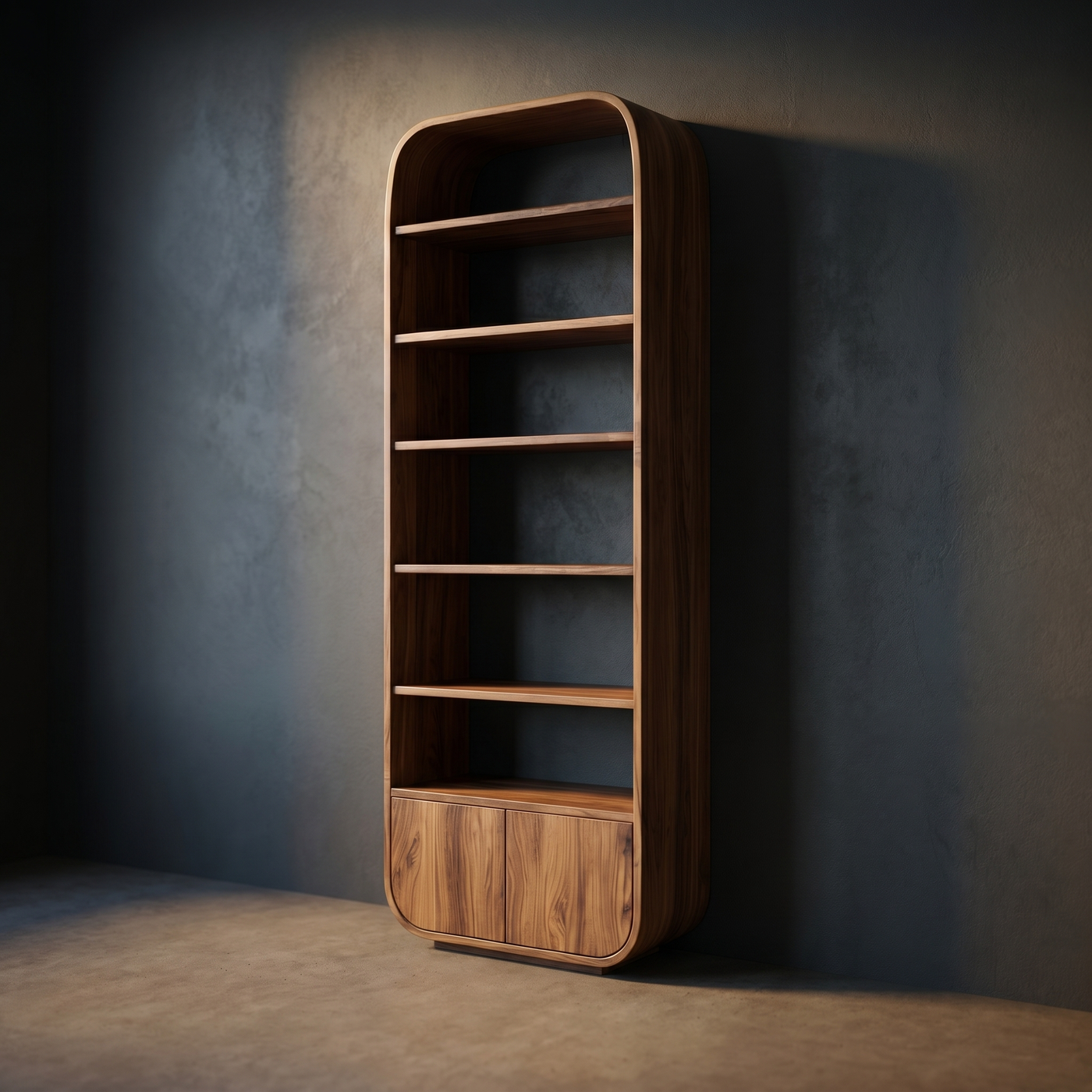 Organic Wall-Mounted Wooden Bookshelf with Rounded Frame and Concealed Storage