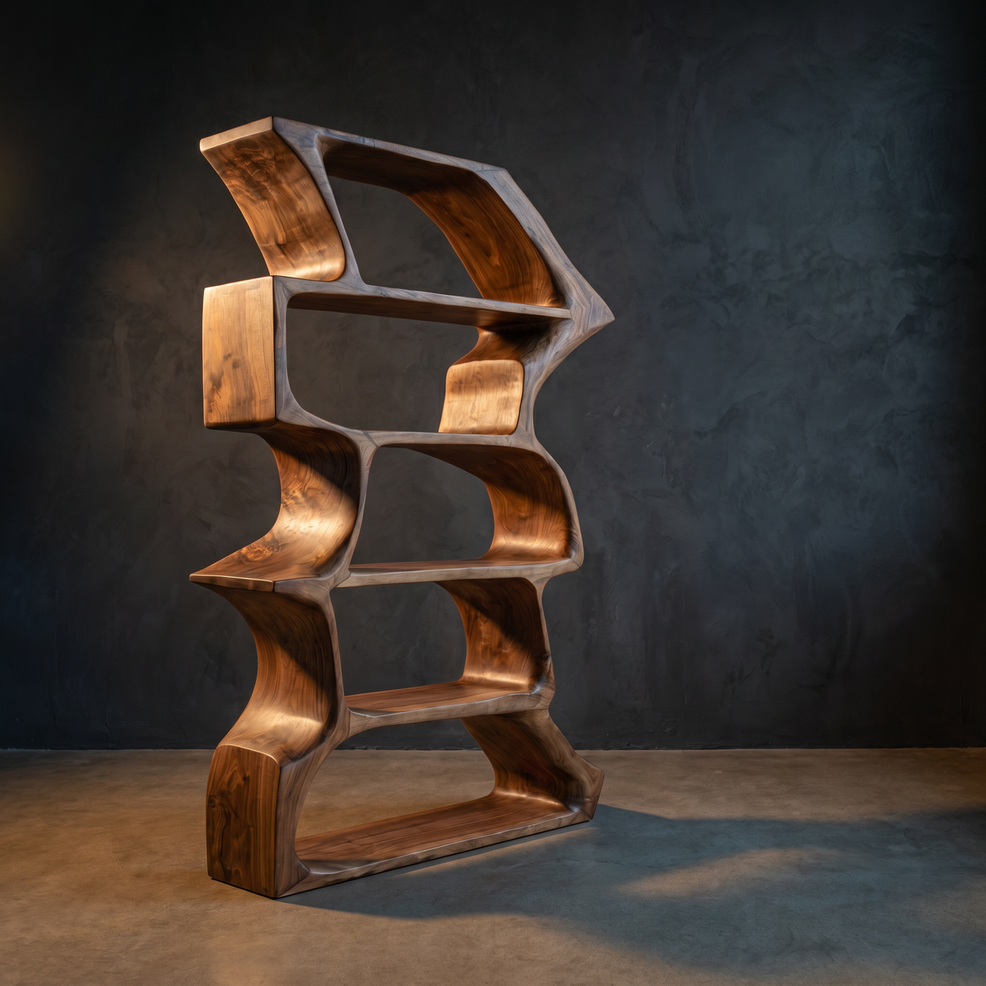 Curved Wooden Bookshelf with Organic Stacked Display Compartments