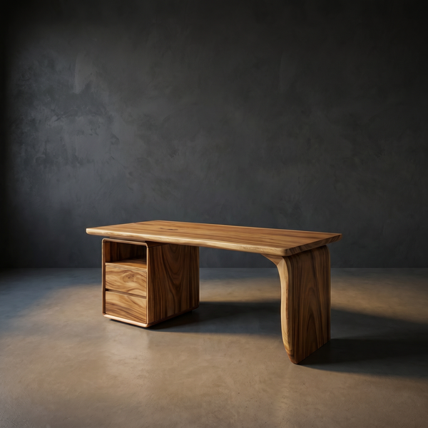Japandi Solid Wood Study Desk with Curved Legs