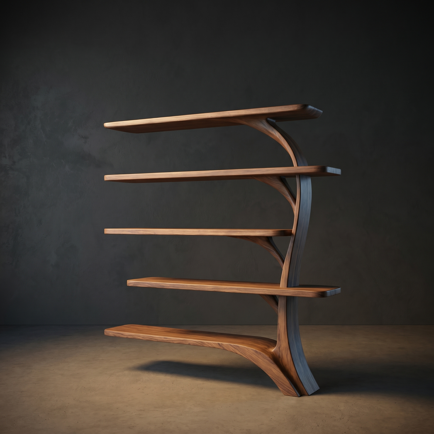 Tree-Inspired Curved Bookshelf with Organic Branching Shelves