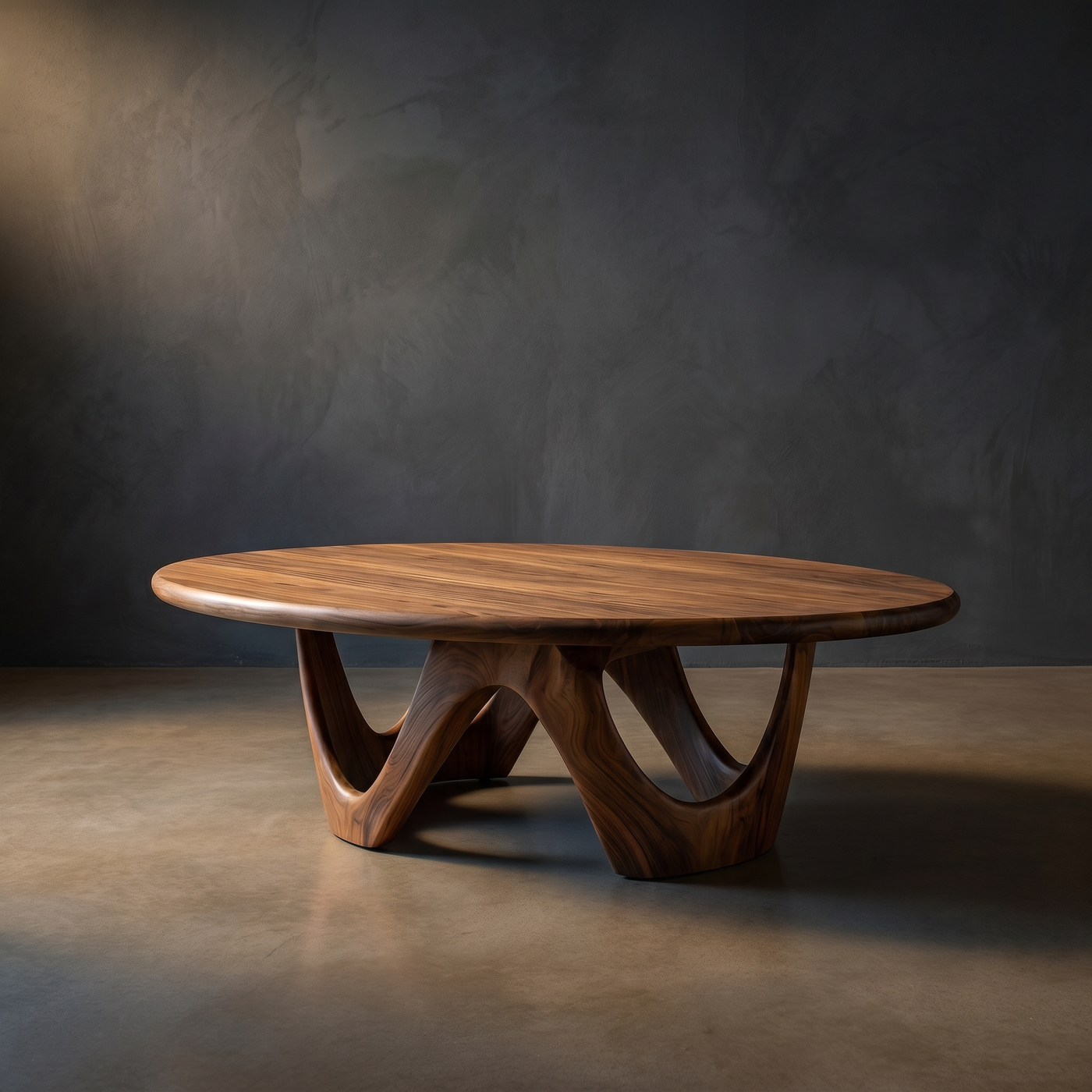 Curved Base Sculptural Coffee Table Round Solid Wood Design