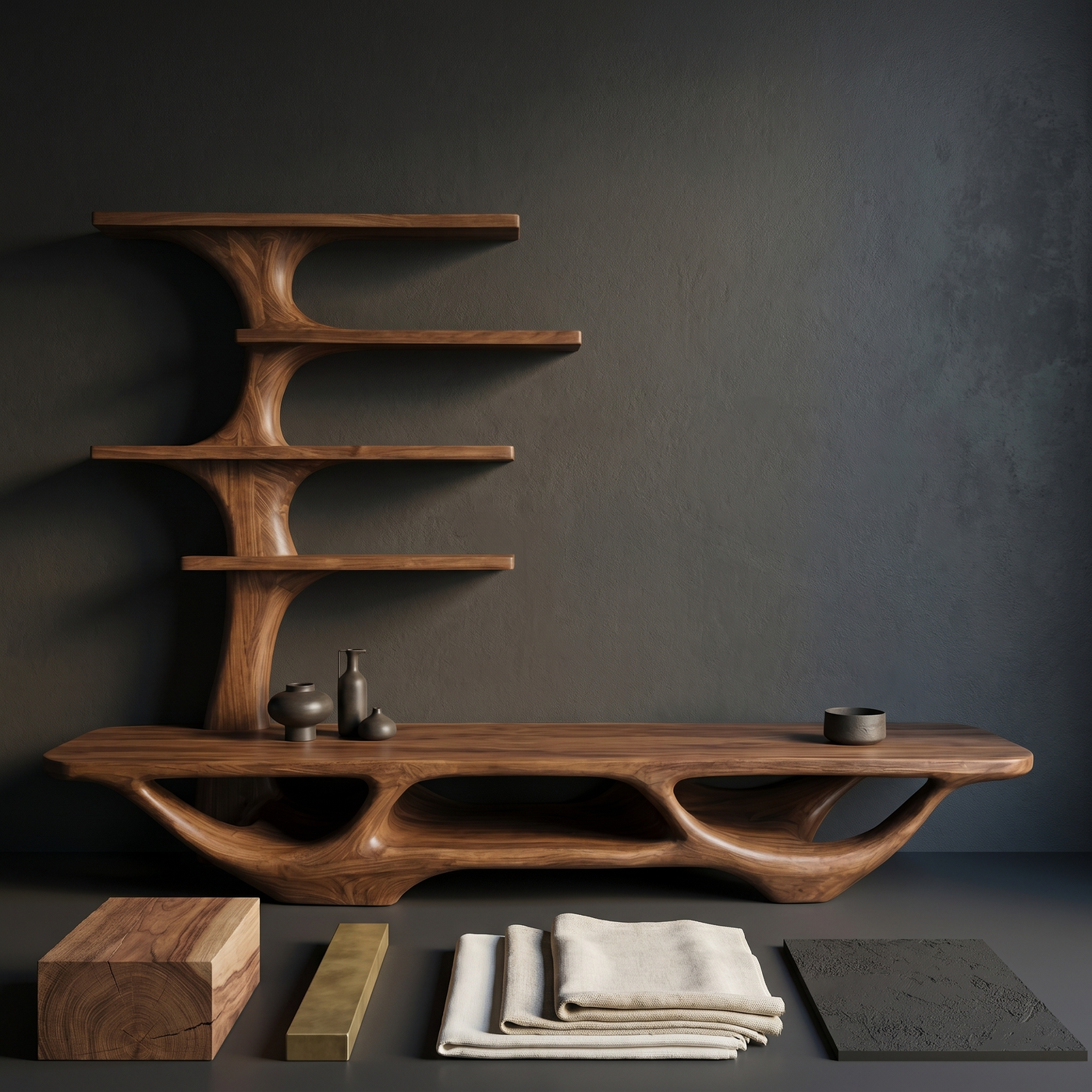 Organic Branching TV Console with Multi-Level Display Shelves