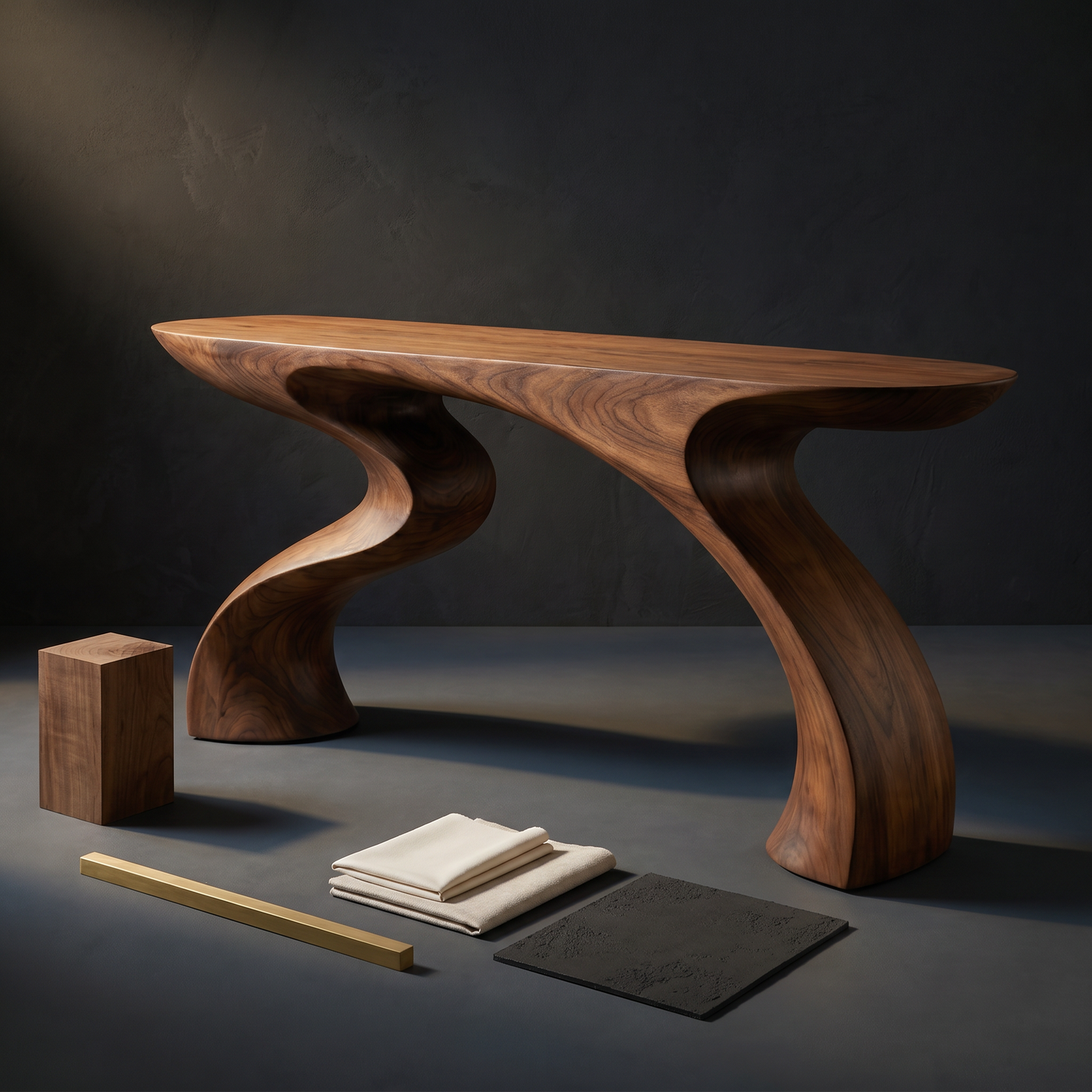 Mid-Century Sculptural Console Table - Carved Wood Accent