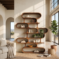 Rustic Carved-Frame Solid Wood Bookshelf - Sculptural Open Shelving for Living Room or Library