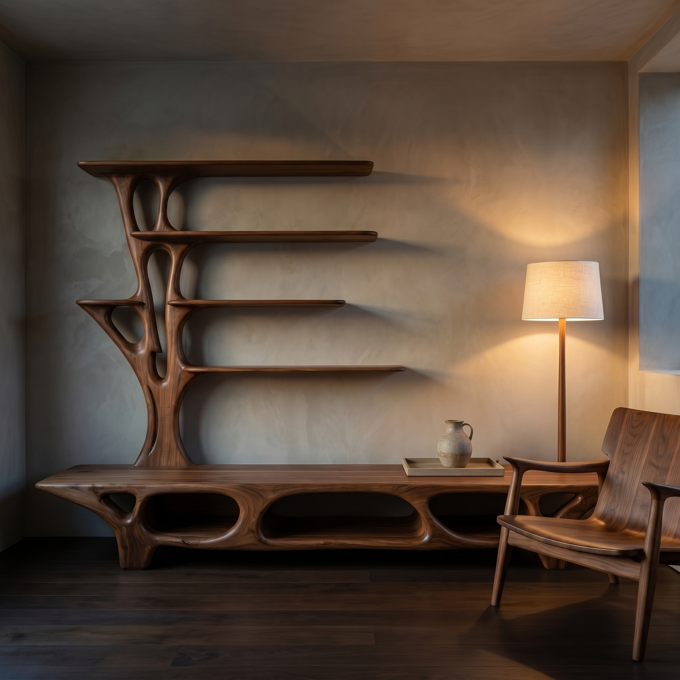 Modern Open Storage TV Cabinet with Branching Display Shelves