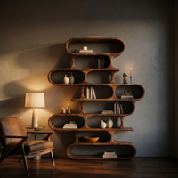 Rustic Carved-Frame Solid Wood Bookshelf - Sculptural Open Shelving for Living Room or Library