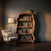 Rustic Carved-Frame Solid Wood Bookshelf - Sculptural Open Shelving for Living Room or Library