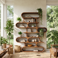 Rustic Carved-Frame Solid Wood Bookshelf - Sculptural Open Shelving for Living Room or Library