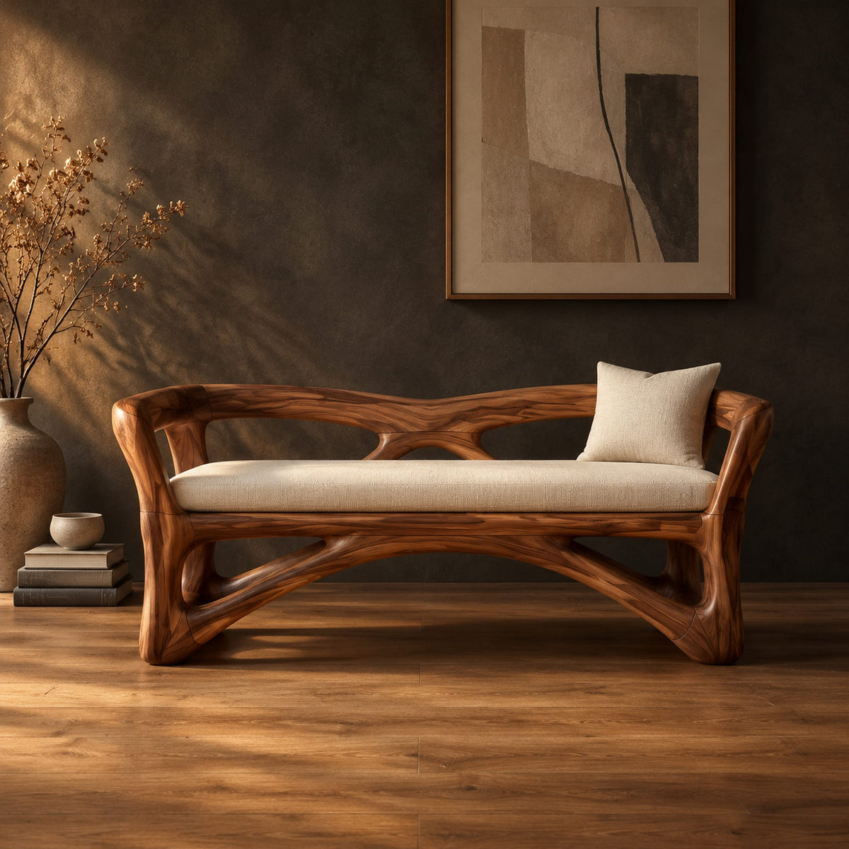 Bench with a sculpted open wooden frame, low arms and a pale cushion in a dark studio against a charcoal plaster wall