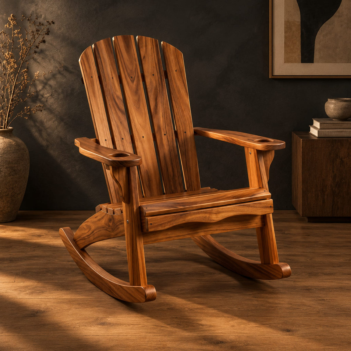 Adirondack style rocking chair with a slatted fan back and wide armrests in a dark studio against a charcoal plaster wall