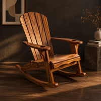 Adirondack style rocking chair with a slatted fan back and wide armrests, three-quarter view showing the grain