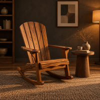 Adirondack style rocking chair with a slatted fan back and wide armrests in a dark living room at golden hour