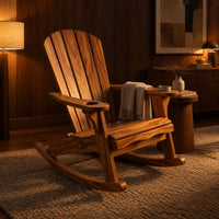Adirondack style rocking chair with a slatted fan back and wide armrests in an evening living room with walnut wall paneling