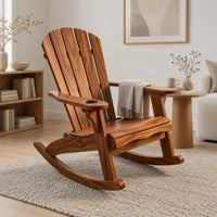 Adirondack style rocking chair with a slatted fan back and wide armrests in a Scandinavian living room with white walls