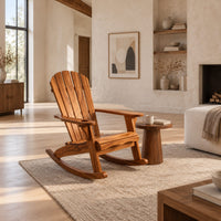Adirondack style rocking chair with a slatted fan back and wide armrests in a bright open plan living room