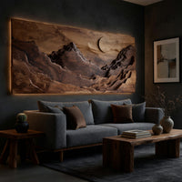 Panoramic amber mountain valley wall art on a dark charcoal plaster wall