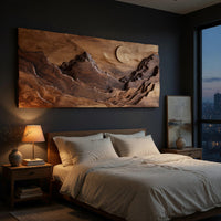 Panoramic amber mountain valley wall art above a bed in a dusk lit bedroom