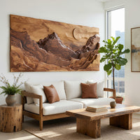 Panoramic amber mountain valley wall art in a bright sunroom with green plants