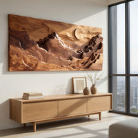 Panoramic amber mountain valley wall art above a light oak sideboard in daylight