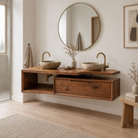 Floating bathroom vanity cabinet with a stepped slab top and open cubby in a Scandinavian bathroom with white walls