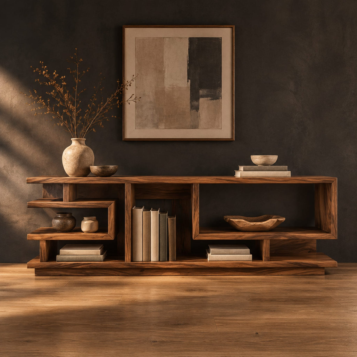 Open shelf console table with stepped square cubbies on a slim plinth in a dark studio against a charcoal plaster wall