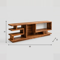 Angular Open Shelf Console Table With Stepped Cubbies On A Plinth dimension diagram with width, height and depth
