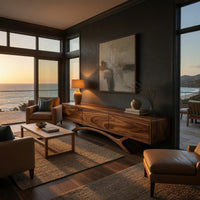 TV stand with three doors on an antler shaped base in a living room at golden hour
