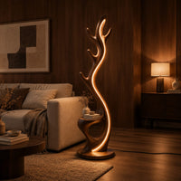 Tall floor lamp shaped like an antler with a hollow in the lower body in an evening living room with walnut wall paneling