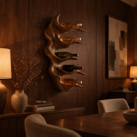 Antler style wine holder with stacked prongs and flowing grain in an evening dining room with walnut wall paneling