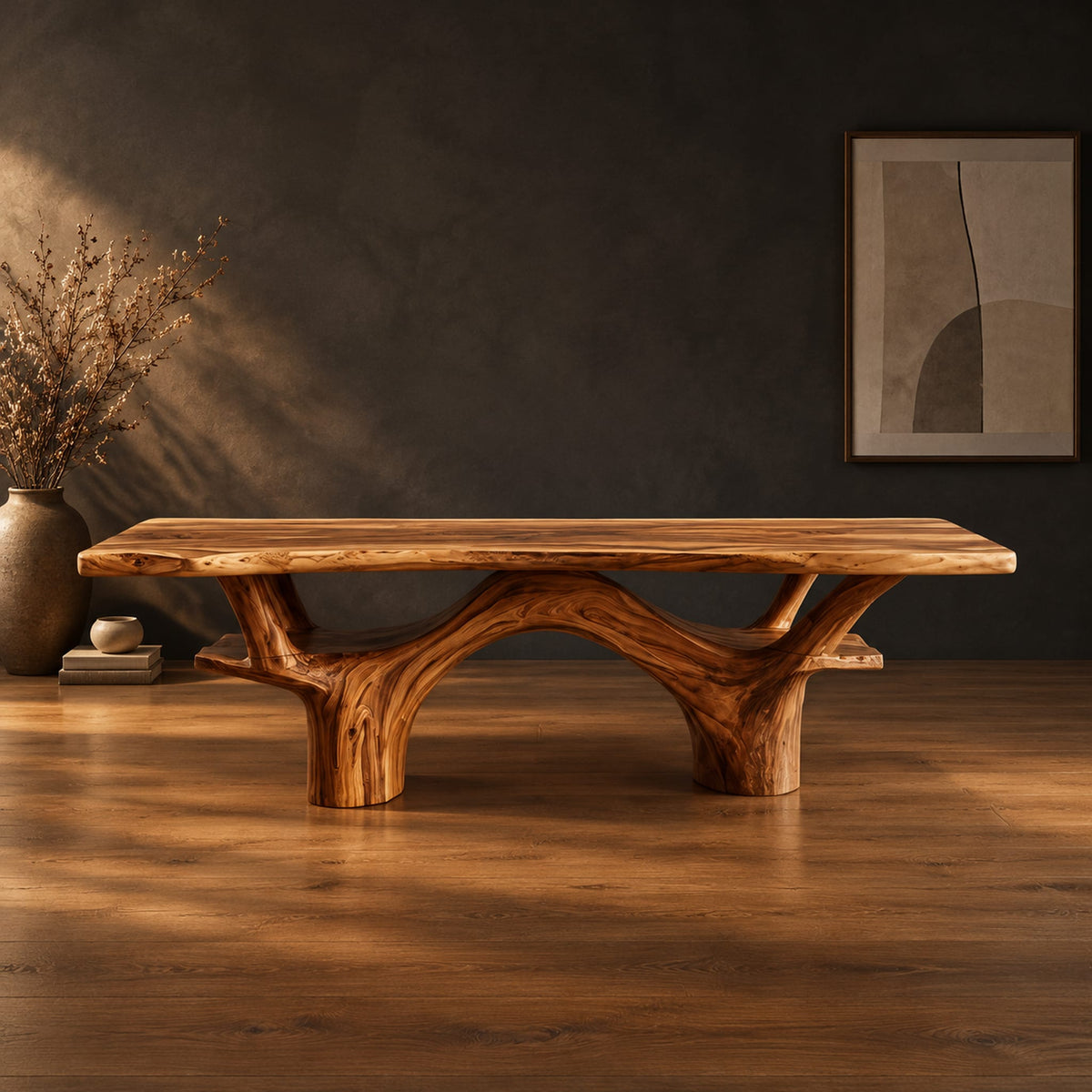 Live edge dining table with arching branch legs under a slab top in a dark studio against a charcoal plaster wall