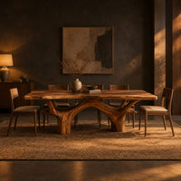 Live edge dining table with arching branch legs under a slab top in a dark dining room at golden hour