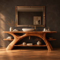 Branch leg bathroom vanity with a slab top, open lower shelf and side ledges in a dark studio against a charcoal plaster wall