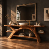 Branch leg bathroom vanity with a slab top, open lower shelf and side ledges, three-quarter view showing the grain