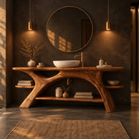 Branch leg bathroom vanity with a slab top, open lower shelf and side ledges in a dark bathroom at golden hour