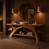 Branch leg bathroom vanity with a slab top, open lower shelf and side ledges in an evening bathroom with walnut wall paneling