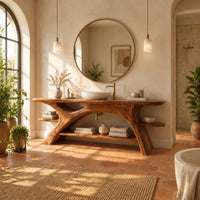 Branch leg bathroom vanity with a slab top, open lower shelf and side ledges in a bright bathroom with arched windows and plants