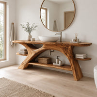 Branch leg bathroom vanity with a slab top, open lower shelf and side ledges in a Scandinavian bathroom with white walls