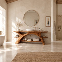 Branch leg bathroom vanity with a slab top, open lower shelf and side ledges in a bright open plan bathroom