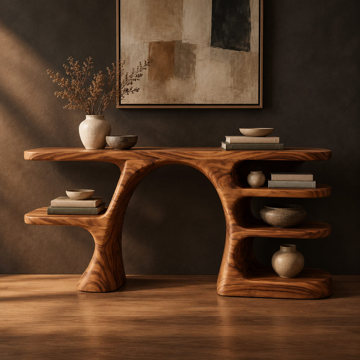 Arched console table with a branch shaped leg and stacked oval shelves in a dark studio against a charcoal plaster wall