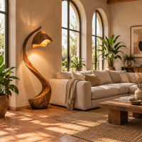 Floor lamp with a long arching wooden stem and a carved hood shade in a bright living room with arched windows and plants