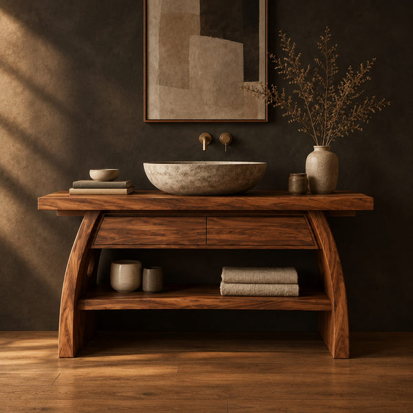 Arched Leg Bathroom Vanity With Thick Plank Top And Lower Shelf