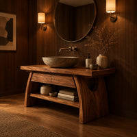 Wood vanity with a thick plank top and arched legs over an open shelf in an evening bathroom with walnut wall paneling
