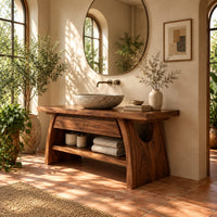 Wood vanity with a thick plank top and arched legs over an open shelf in a bright bathroom with arched windows and plants