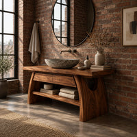 Wood vanity with a thick plank top and arched legs over an open shelf in an industrial loft bathroom with exposed brick